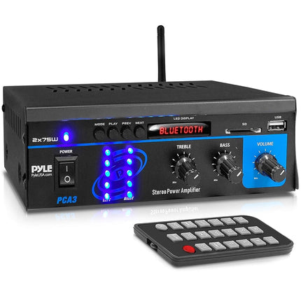 Home Audio Power Amplifier System - 2X75W Mini Dual Channel Sound Stereo Receiver Box w/ LED - For Amplified Speakers, CD Player, Theater via 3.5mm RCA - For Studio, Home Use - PYLE PCA3, Black, One Size