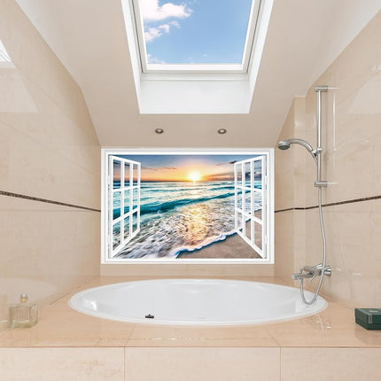 FLFK Fake Window Wall Sticker - Sunset Beach Faux Window Wall Mural for Wall Decor, Stick and Peel Wall Decals, 48"x32", Set of 2 Sheets