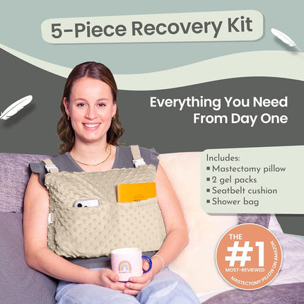 MOYOAMA Post Mastectomy Pillow –5 Pcs Protective Set - 2 Gel Packs, Seatbelt Cushion, Shower Bag- Breast Surgery Must Haves,Breast Reduction Recovery Supplies, Breast Augmentation,Post Op Essentials