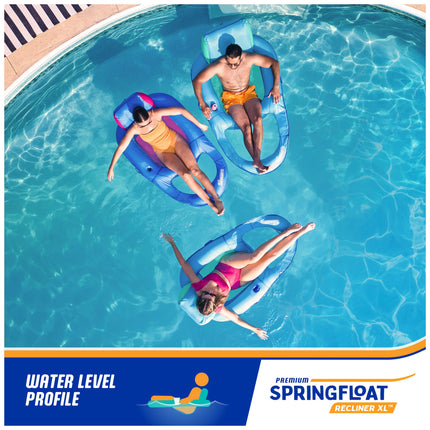 Sillón reclinable SwimWays Spring Float Premium XL para piscina, flotadores inflables de piscina para adultos con inflado rápido, portavasos y reposapiés, soporta hasta 136 kg, azul