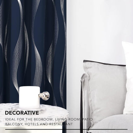 Deconovo Rideaux Occultants à Imprimé Vagues en Aluminium, Rideaux de Fenêtre Isolants Thermiques à Œillets pour Chambre à Coucher, 2 Panneaux, Bleu Marine, 132x274 cm