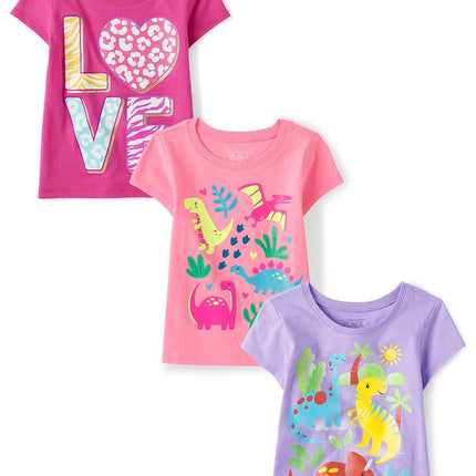 The Children's Place Baby Girls' and Toddler Dinos Short Sleeve Graphic T-Shirts,multipacks, Purple Dinos/Pink Dinos/Love 3-Pack, 4T