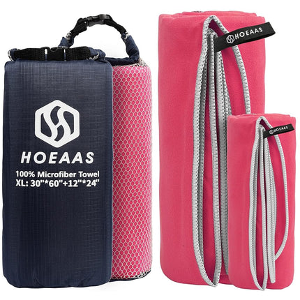 Microfiber Sport Travel Towel Set-(XL -60"x30"+24" x12)-Quick Dry, Absorbent, Ultra Compact Towels-Fit for Beach Yoga Golf Gym Camping Backpacking Hiking+Hand Towel&Carry Pouch(XL HPink)