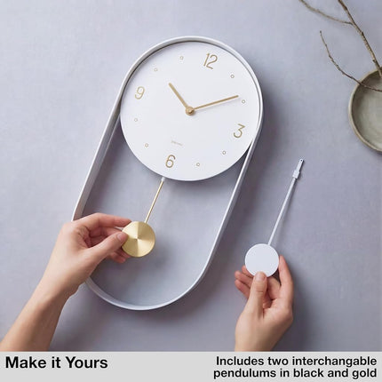 Driini Modern Pendulum Wall Clock - Decorative and Unique Metal Frame, with 8 Inch Face - Contemporary, Minimalist Design, with Silent Non Ticking Operation - Includes Both White and Gold Pendelum
