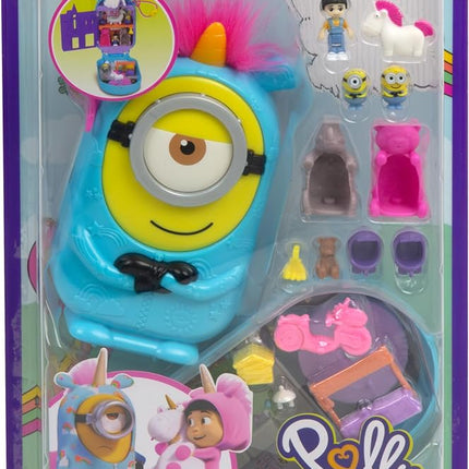 Polly Pocket & Minions Playset with 1 Doll, 2 Minions Figures & Fluffy the Unicorn Toy, Collectible Compact with 9 Accessories, HWP09