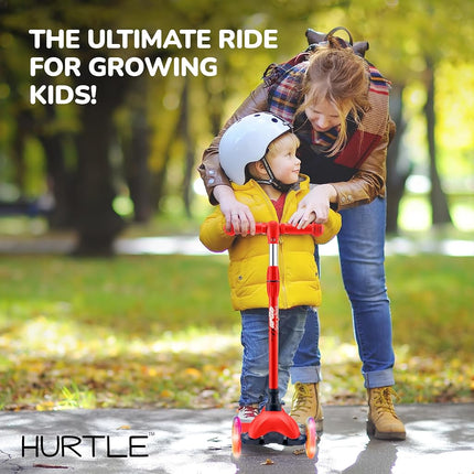 Hurtle Mini Kickboard Scooter for Kids - Height Adjustable 25''-28'', Lightweight 3-Wheel Toddler Scooter with LED Light-up Wheels, Anti-Slip,Indoor/Outdoor Fun for Ages 2-5 (red)