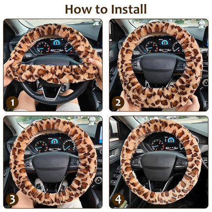 Accmor Fuzzy Car Steering Wheel Cover, Universal Fit Fur Auto Wheel Cover & Handbrake Cover & Gear Shift Cover Set, Leopard Warm Fluffy Vehicle Wheel Protector Car Accessories for Men Women (Brown)