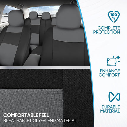 BDK PolyPro Car Seat Covers Full Set in Gray on Black, Front and Rear Split Bench Seat Covers for Cars, Easy to Install Car Seats Cover Set and Accessories for Auto Trucks Van SUV - Gray