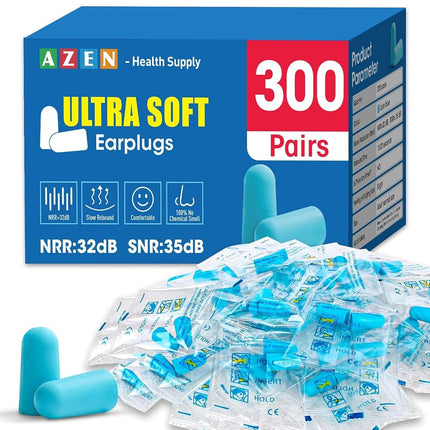 AZEN 300 Pairs Ear Plugs, NRR 32dB Soft Foam Ear P