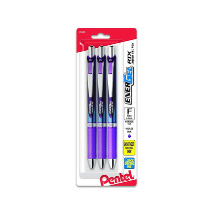 Pentel EnerGel RTX Retractable Liquid Gel Pen (0.5mm) Needle Tip, Fine Line, Violet Ink 3-Pk (BLN75BP3V)