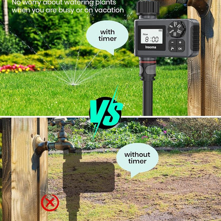 Insoma Outdoor Garden Hose Faucet Timers, Programmable Water Sprinkler Timer with Rain Delay/Manual/Automatic Drip Irrigation and Lawn Watering System for Yard, 1 Outlet