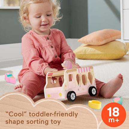 Fisher-Price Wood Toddler Toy Ice Cream Truck Shape Sorter Set, 9 Wooden Pieces for Developmental Play Kids Ages 18+ Months, HXT86