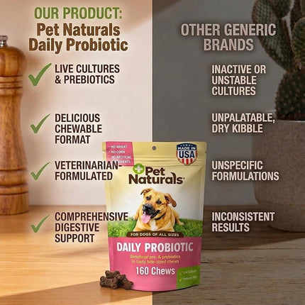 Pet Naturals Daily Probiotic for Dogs, Duck Flavor, 160 Chews - 120M CFUs Pre and Probiotics for Dogs Digestive Health, Gut Health, Immune Support, Diarrhea, Allergies and Itching
