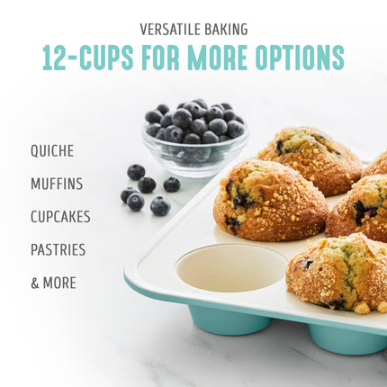 GreenLife Bakeware de Cerámica Antiadherente Saludable, Molde para 12 Magdalenas y Bizcochos, Libre de PFAS, Turquesa