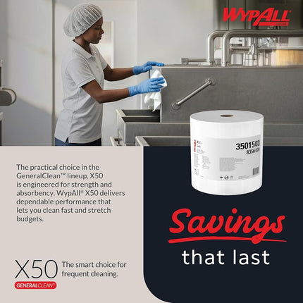 Wypall X50 Disposable Wipers (35015), Strong for Extended Use, Jumbo Roll, White, 1,100 Sheets / Roll
