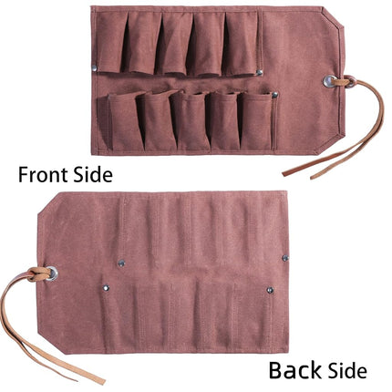 Tool Roll Up Bag with 10 Staggered Tool Pockets, Portable Carry Small Wrench Roll Up Pouch (Brown)