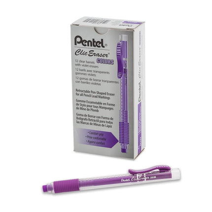 Gomme rétractable Pentel Clic Colors avec grip, Corps violet, Boîte de 12 (ZE23V)