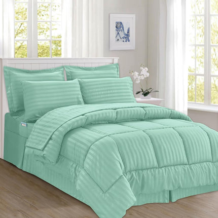 Parure de lit 8 pièces à rayures gaufrées Elegant Comfort Silky Soft, comprend un ensemble de draps 4 pièces Smart Sheet, un cache-sommier, une couette, des taies d'oreiller et des housses de coussin assorties - Lit simple/simple XL, Vert menthe