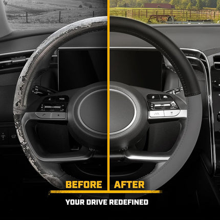 CAT® ErgoDrive Car Steering Wheel Cover with Dark Gray Grip, Standard 15 inch Size, Durable and Comfortable with Advanced Grip, Black Faux Leather Steering Wheel Cover for Auto Truck Van SUV