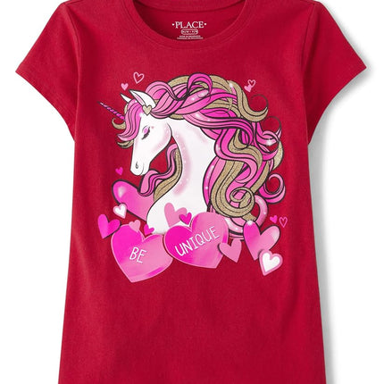 The Children's Place Girls' Short Sleeve Printed Graphic T-Shirt, Valentine Unicorn, X-Large