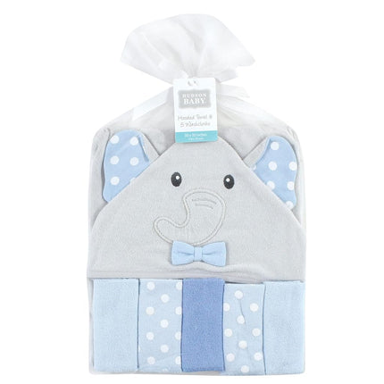 Hudson Baby Unisex Baby Hooded Towel and Five Washcloths, White Dots Gray Elephant, One Size