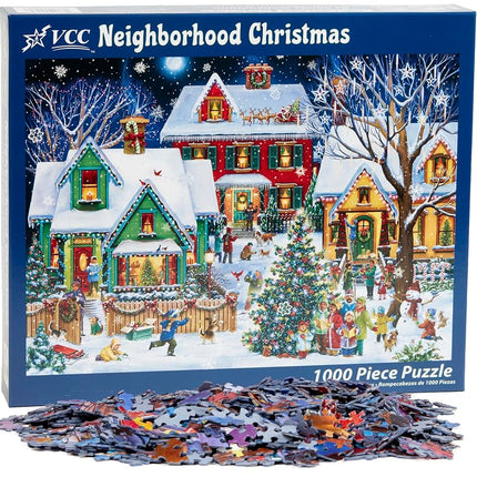Neighborhood Christmas Jigsaw Puzzle 1000 Piece by Vermont Christmas Company - Fully Interlocking & Randomly Shaped Pieces - 26 5/8" x 19 1/4"