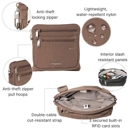 Baggallini Securtex Anti-Theft Crossbody 8.25" Small / 10" Large Travel Purse with RFID Card Slots & Cut-Resistant Strap, Portobello, Small 8.25"w x 8.25"h