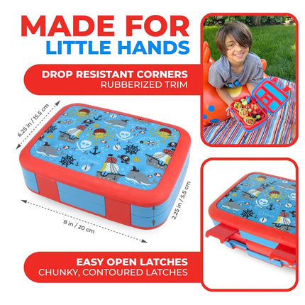 kinsho Bento Lunch Box for Kids Toddlers Boys, 5 Portion Sections Secure Lid, Microwave Safe BPA Free Removable Tray, Pre-School Kid Daycare Lunches Snack Container Ages 3 to 5, Blue Pirates