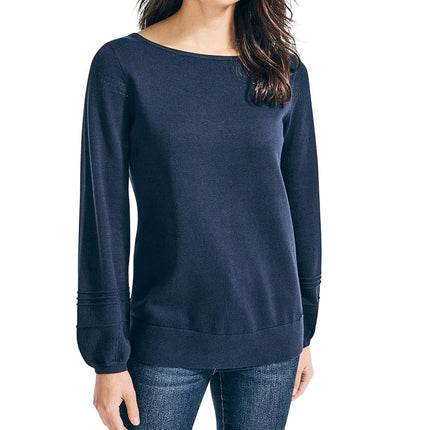 Suéter clásico de algodón suave con cuello barco Nautica para mujer, Azul marino, XS