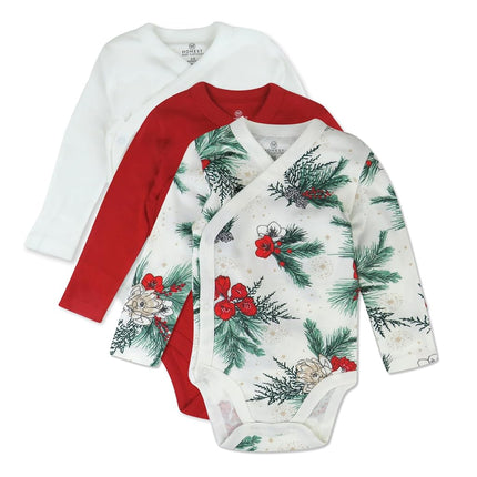Paquete de 3 pañales tipo body de manga larga de algodón orgánico con cierre lateral de kimono de HonestBaby para bebé, estampado floral esmeralda, 3-6 meses