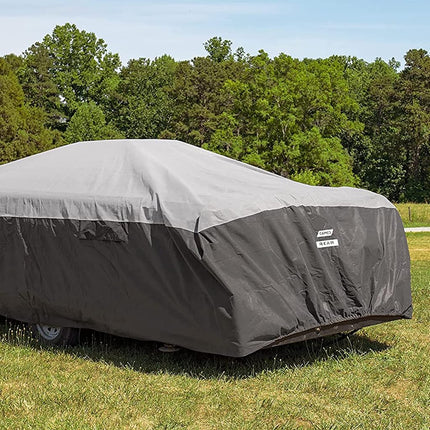 Camco ULTRAGuard 12 to 14' Pop Up RV Camper Cover with Secure Cinching Straps, Zippered Entry Doors, and Covered Air Vents, Gray
