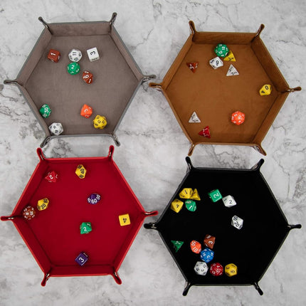 SIQUK 4 Pieces Dice Tray Hexagon Dice Rolling Holder Folding PU Leather Dice Trays for Dice Games Like RPG, DND and Other Table Games (Gray, Camel, Red and Black)