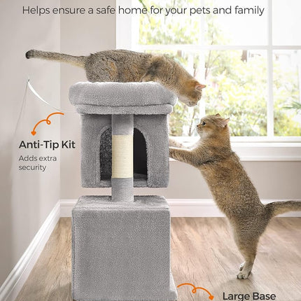 Feandrea Cat Tree Tower, 67 cm, S, Condo for Kittens up to 7 lb, Large Perch, 2 Caves, Scratching Post, Light Gray UPCT611W01