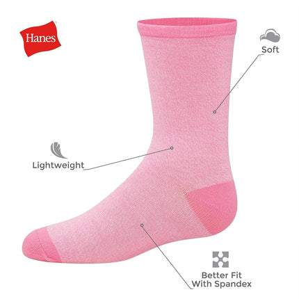 Hanes Girls' Big Ultimate Fashion, Lightweight Stretch Crew Socks, Assorted 10-Pair Pack, Small, Pink/Grey/Blue/Lavender, Large