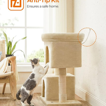 Feandrea Cat Tree Tower, 84 cm, L, Condo for Large Cats up to 16 lb, Large Perch, 2 Caves, Scratching Post, Beige UPCT61M