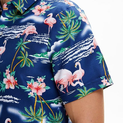 Camisa Hawaiana de ocio para hombre SSLR de flamencos, flores - Azul - Grande