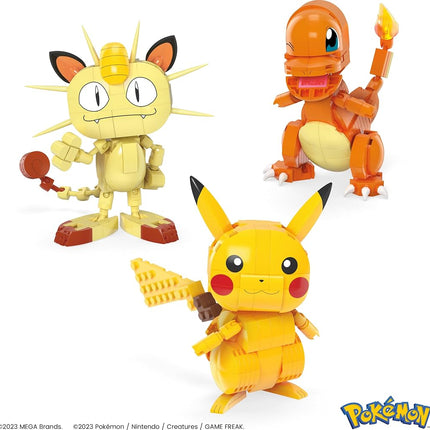 MEGA Figurine articulée Pokémon, jouet de construction pour enfants, trio de la région de Kanto avec 529 pièces, Pikachu, Salamèche, Miaouss à construire et à positionner
