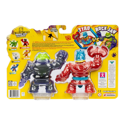 Heroes of Goo Jit Zu Smash Strikers Versus Pack: Squishy Tyro vs. Stretchy Rock Jaw. Sensory-Filled Figures with Smashing fist Weapons. Stretch Them up to 3X Their Size. Collect Them All!