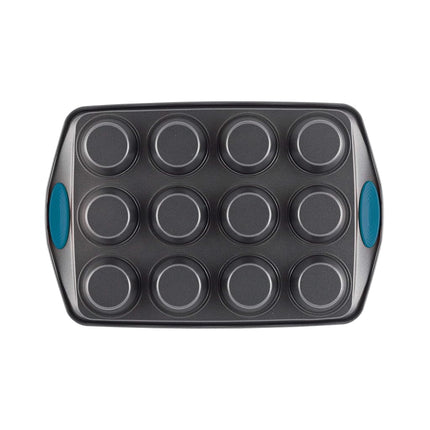 Rachael Ray Yum-o! Bandeja antiadherente para hornear de 12 magdalenas con agarres/Bandeja antiadherente para cupcakes con agarres - 12 tazas, Gris