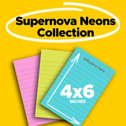 Post-it Super Sticky Lined Notes, 3 Sticky Note Pads, 4 x 6 in., School Supplies for Students, Ideal for Textbooks, Notebooks, Walls and Vertical Surfaces, Supernova Neons Collection