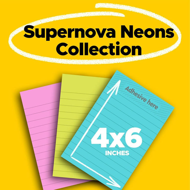 Post-it Super Sticky Lined Notes, 3 Sticky Note Pads, 4 x 6 in., School Supplies for Students, Ideal for Textbooks, Notebooks, Walls and Vertical Surfaces, Supernova Neons Collection