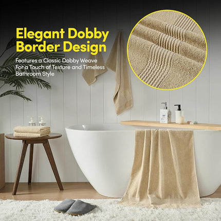 Serviettes de Bain Lot de 8 Serviettes – 100 % Coton Peigné – Bain + Mains + Gants de Toilette – Serviettes Douces et Absorbantes Certifiées Oeko-TEX avec Bords Doubles Cousus Durables pour Salle de Bain ou Spa d'Invités, Beige