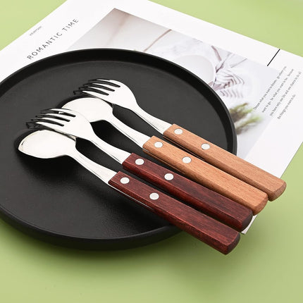 Uniturcky Wooden Handle Flatware Set, Knives Forks Spoons Set for 6, 24-Piece 304 Stainless Steel Kitchen Utensils Set, Silverware Set with Wood Handles, Red Wood with Rivet & Retro Style Cutlery