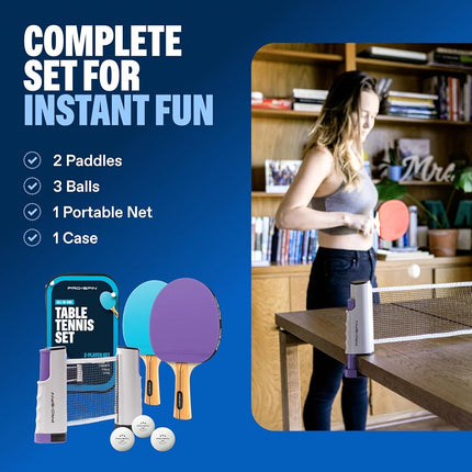 PRO-SPIN Table Tennis Bat Set – with Table Tennis Net for Any Table, Table Tennis Balls 3 Stars, Bag/Cover, Extendable Mobile Table Tennis Net (Blue, Purple, Set for 2 Players)