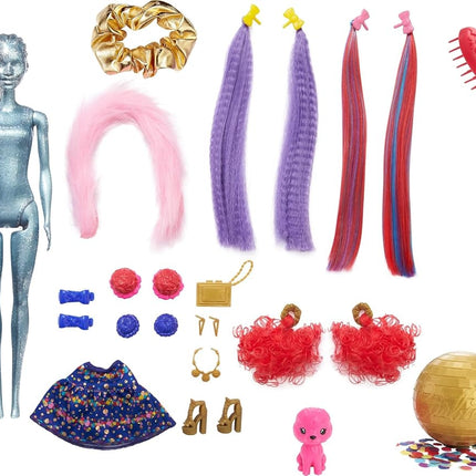 Barbie HBG40 - Color Reveal Bows lalka zmiany włosów, niebieski brokatowy zestaw zabaw z 25 stylizacji włosów i niespodzianek partii, wiek 3+.