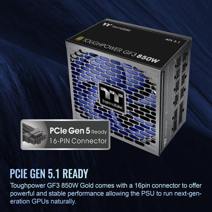 Fuente de alimentación Thermaltake Toughpower GF3 850W 80+ Gold Full Modular lista para SLI/Crossfire ATX 3.0 Standard, conector PCIe Gen.5 12VHPWR incluido, PS-TPD-0850FNFAGU-4, negra (9B17-153-438)