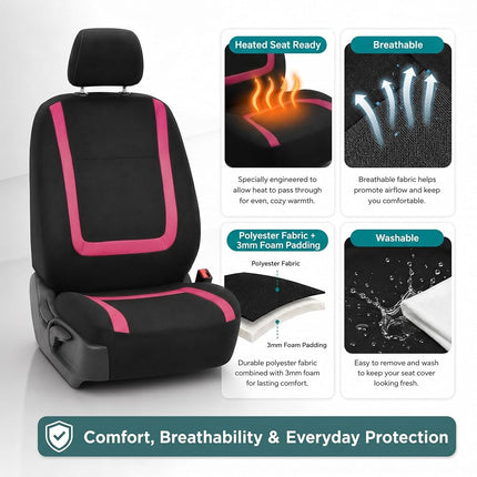 FH Group Car Seat Covers Front Set in Cloth - Car Seat Covers for Low Back Car Seats with Removable Headrest, Universal Fit,Automotive Seat Covers,Washable Car SeatCover for SUV,Sedan,Van Pink