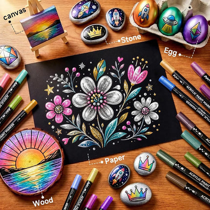 Shuttle Art Dual Tip Metallic Acrylic Paint Pens, 28 Colours Fine & Brush Paint Marker Pens, Paint Pens for Rock Painting, Ceramic, Wood, Fabric, Art Marker Pen Set for Kids Adults on Christmas Easter