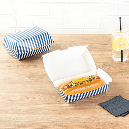Bio Tek 6.7 x 3.5 x 3.5 Inch Clamshell Food Containers, 100 Disposable Sandwich Containers - Hinged Lid, Tab-Lock Closure, Blue And White Paper Hot Dog Containers, Greaseproof - Restaurantware