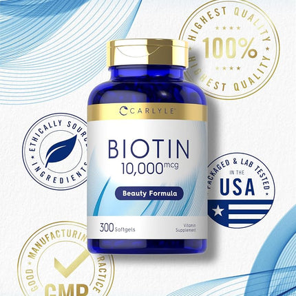 Carlyle Biotin 10000mcg | 300 Softgels | Max Strength | Non-GMO, Gluten Free Supplement | by